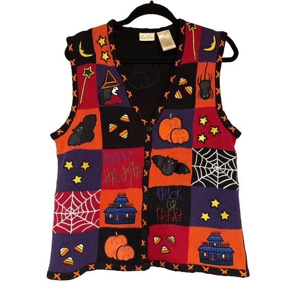 Bobbie Brooks Halloween Patchwork Knit Vest Women's M‎ Ramie Cotton - Picture 4 of 11